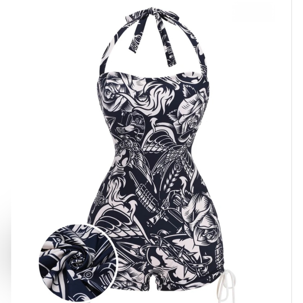 Retro Stage Black and White Vintage Inspired Swim Suit Size M